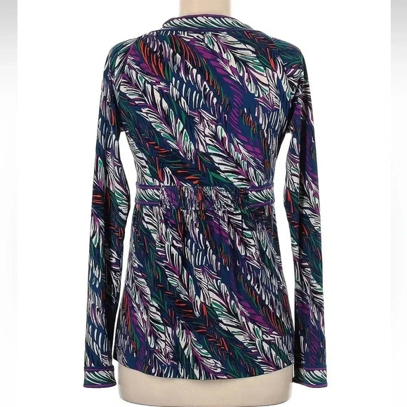 BCBGMAXAZRIA Y2K Jewel Tones Leaf Feather Print Boho Top Blouse Size Medium M - Picture 2 of 5